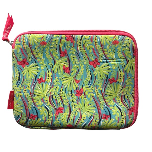 Lilly Pulitzer Tablet Case Padded Zip Floral Pink Green Print Tech‎ Sleeve 11 In - Picture 1 of 7